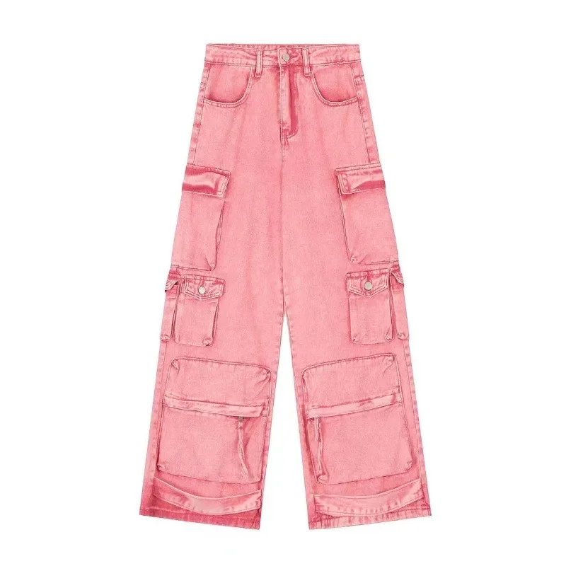 Pink multi-pocket overalls jeans female Y2K punk hip hop Gothic loose fashion jeans 2023 autumn new American retro high street