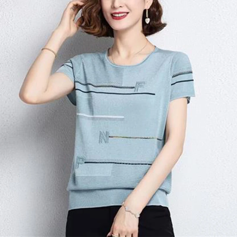 summer fashion sequins patchwork loose casual knitting tee women short sleeve oversized pullover top female all-match t-shirt