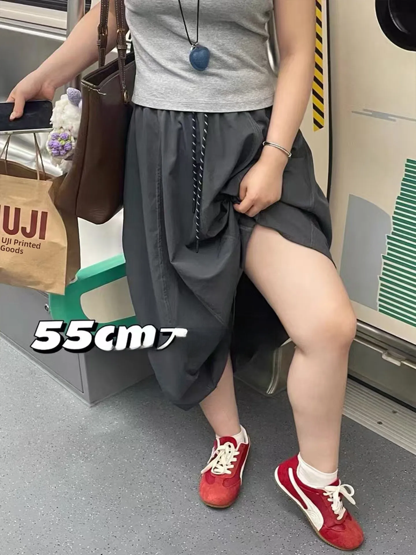 plus Size Grey High Waist Midi Skirt Women's Summer Loose Fit Workwear Style Slimming Umbrella Skirt for Heavy Girls