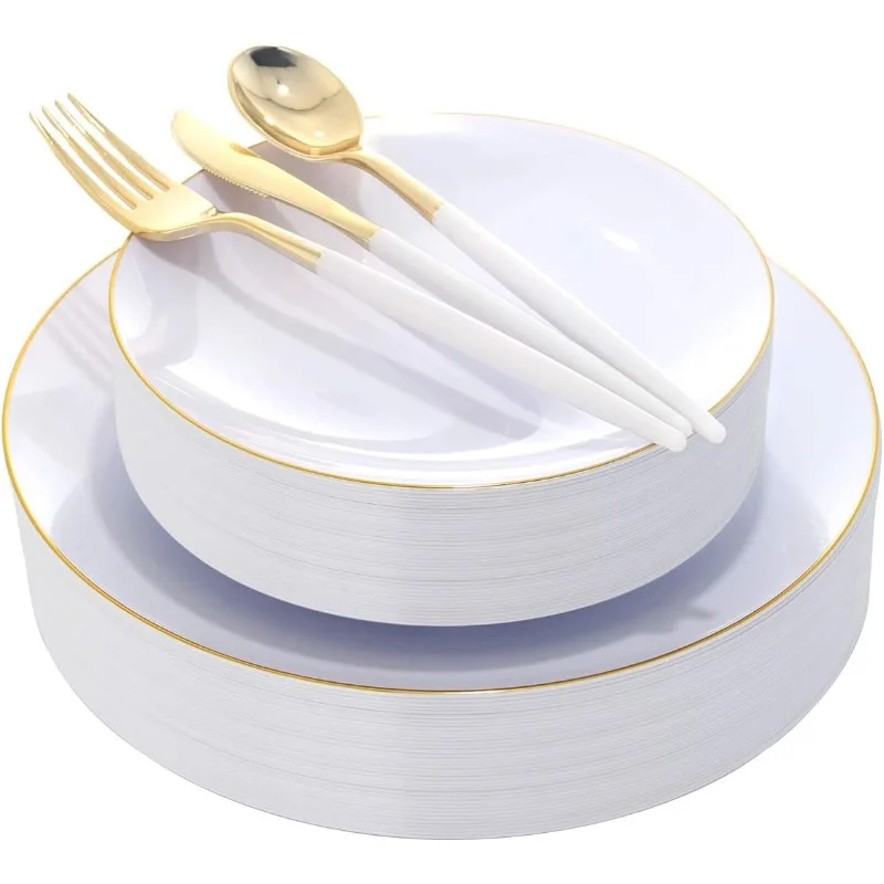 

30 Guests Gold Plastic Plates with Disposable Silverware, Cutlery with White Handle, Disposable Dinnerware for Parties Wedding