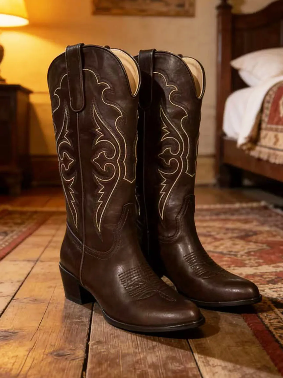 Retro Embroidered Genuine Leather High-Top Women's Western Boots Slimming Versatile Thick Heel Knight Boots Cowboy Boots