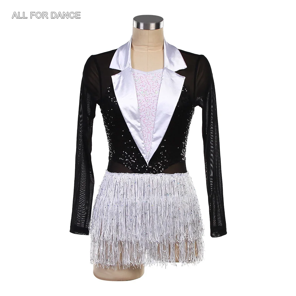 

26119 Черно-белый спандекс с блестками и сетчатым лифом Танцевальные костюмы для джаза и тафта Женские и женские танцевальные костюмы для выступлений на сцене