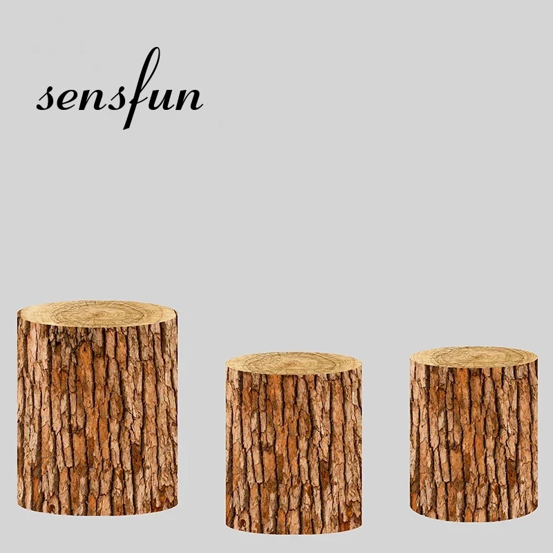 Round Cylinder Plinth Covers Background Elastic Polyster Customized Wood Bark Texture