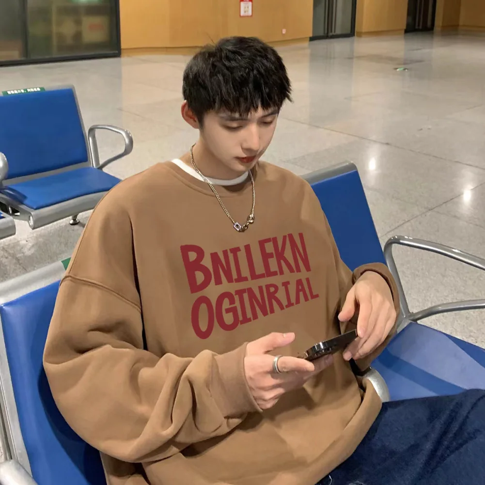 كنزة صوفية مبطنة بطبعة حروف عتيقة ، رقبة مستديرة ، أكمام طويلة ، فضفاضة ، بيع التخليص ، انخفاض الشحن ، بيع بالجملة