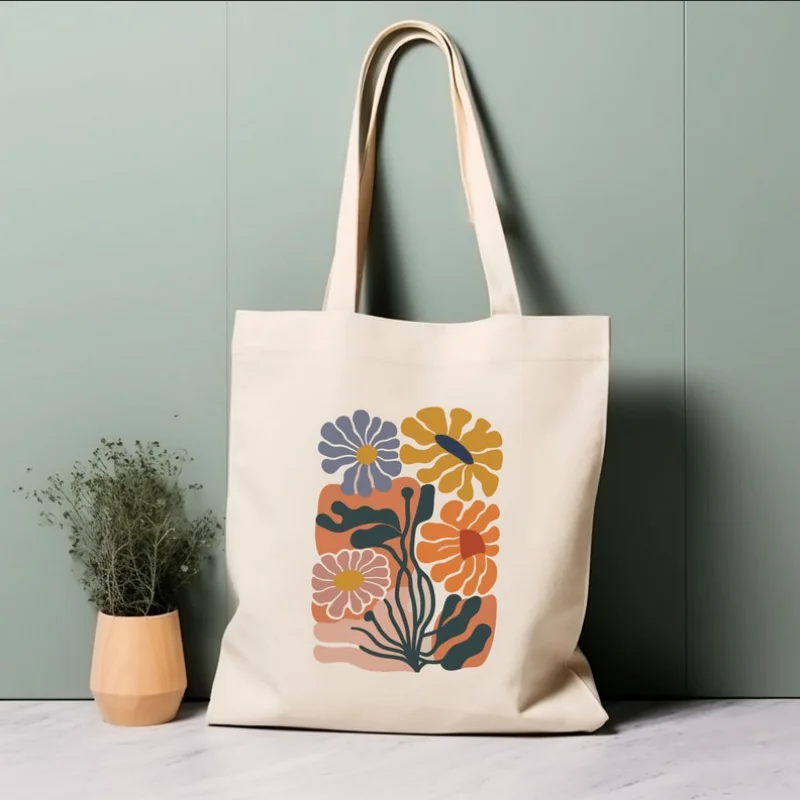 Boho Abstract Matisse Style Floral Canvas Tote Bag Beige Retro Art Shoulder Bag Reusable Handbag