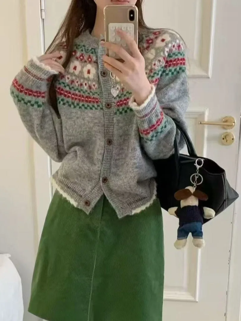 

Корейский вязаный свитер в стиле ретро, женское круглое пальто Ne Fair Isle на одной пуговице, антивозрастной вязаный открытый кардиган, осень-зима, N...