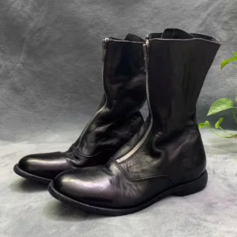 New Design Vintage Men Chelsea Boots Handmade Genuine Leather Front Zipper Fashion Knight Boots Street Youth Model Shoes
