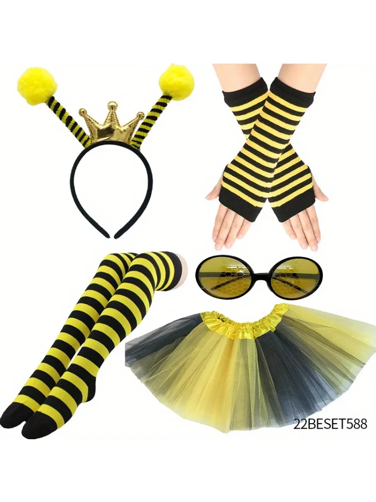 

PESENAR Bee's costume is fancy striped leg warmers knee high stockings Bee sunglasses and long gloves for a party look