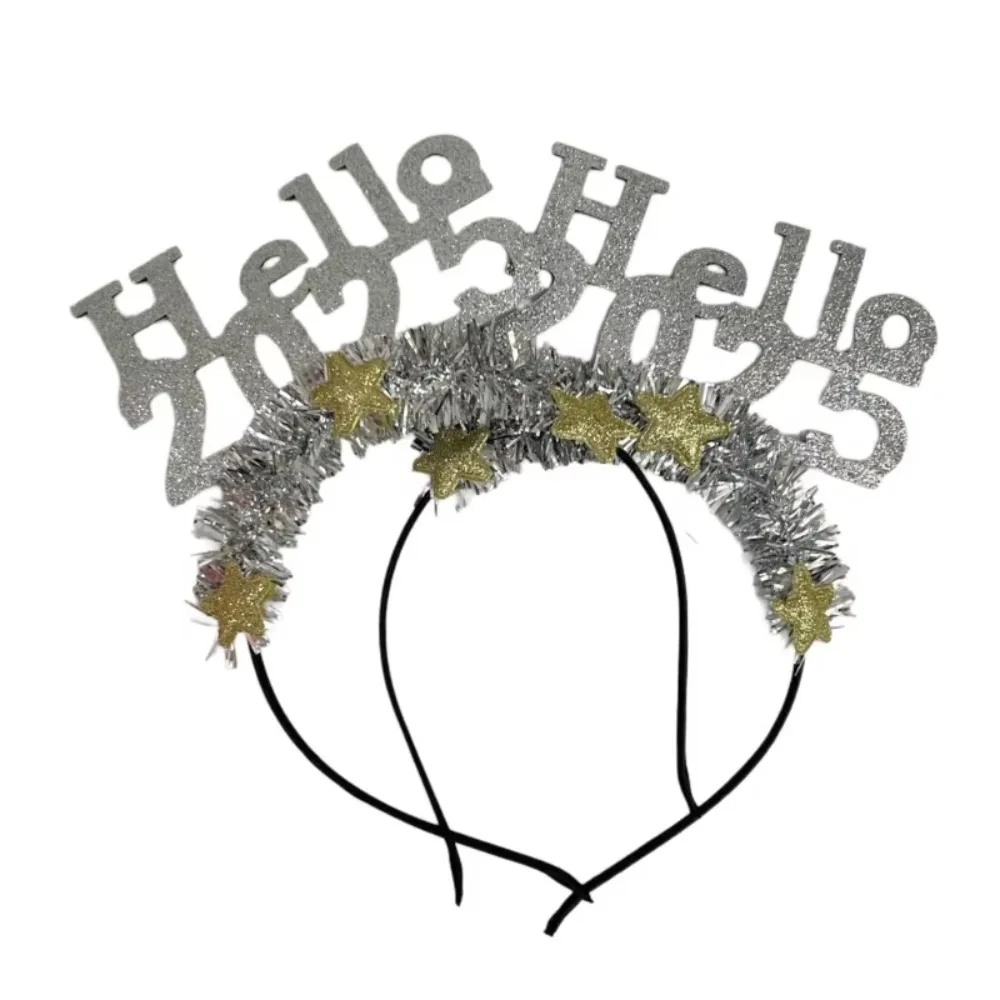 Hello 2025 Happy New Year Headband Sequin Star New Year Decoration Headdress Crown Cute Glitter Hair Hoop New Year Gift