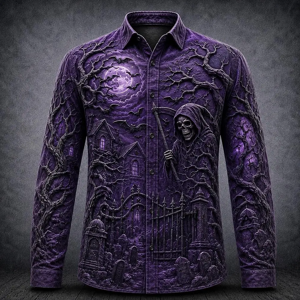 Men Halloween 3D Printed Long Sleeve Shirt Spooky Castle Pumpkin Lapel Shirt Gothic Horror Party Casual Blouse