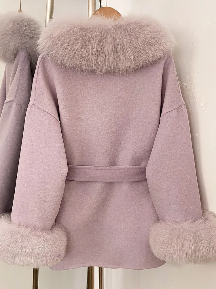 معطف نسائي أنيق من مزيج الصوف الخزامى من ZMEENNA مع أصفاد بياقة من الفرو الفاخر ملابس خارجية شتوية دافئة سترة قصيرة ZM4551 #4