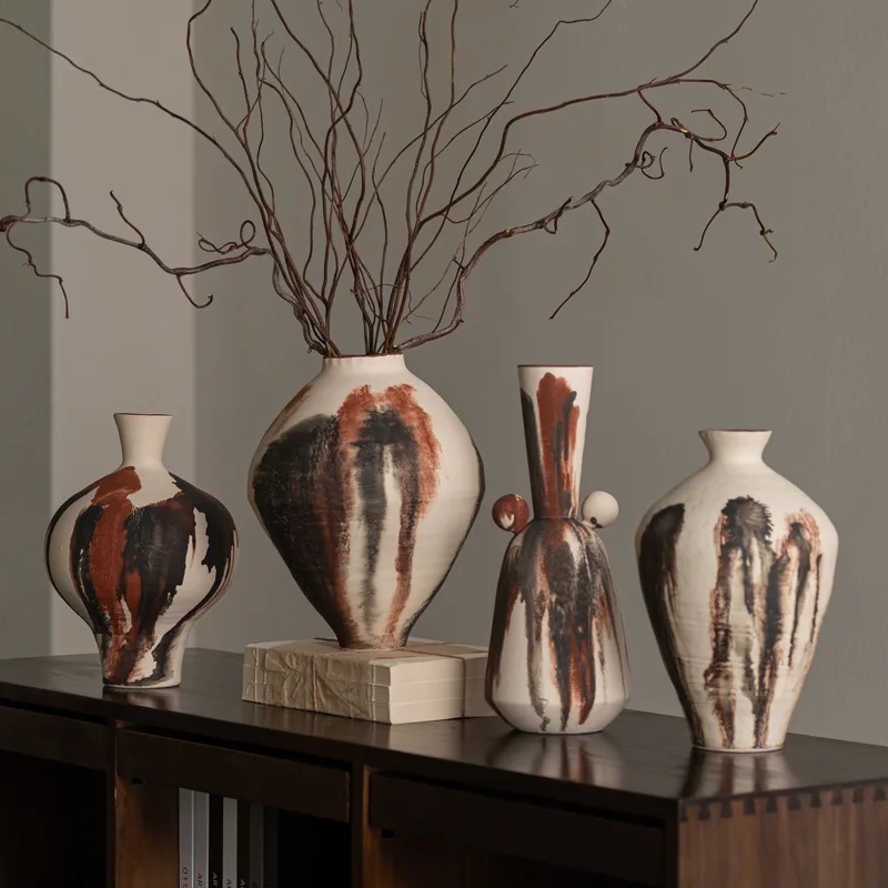 Ceramic vase ornament, wabi-sabi kiln change, medieval flower utensils, designer ornament between boards