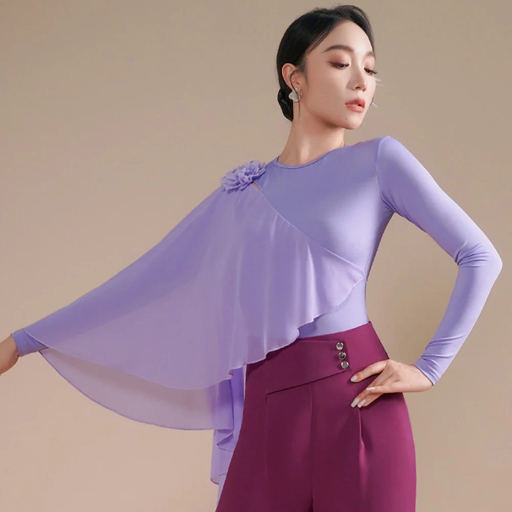 

Топ для латиноамериканских танцев с круглым вырезом, фиолетовый, с асимметричным плечом, женский, с длинным рукавом, чайно-красный, облегающий, для тренировок, для самбы, черный