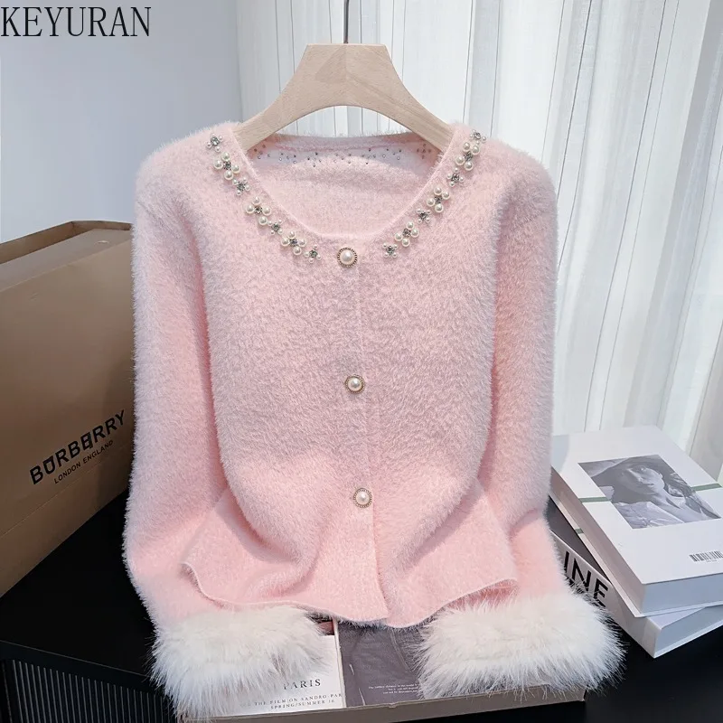 

Pink Beading Knitted Cardigan Women's Autumn Winter Korean Faux Fur Patchwork Sweater Outerwears Elegant White Knitwears Jumpers