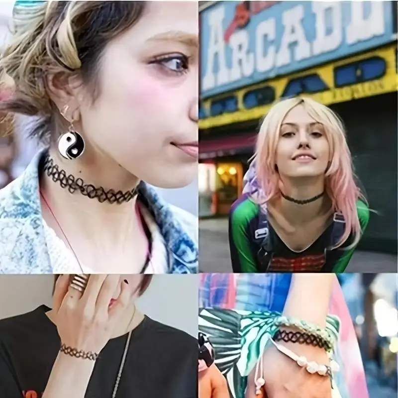 6 قطعة/المجموعة الأسود الدانتيل المختنقون قلادة مجموعة خمر القوطية الشرير مطاطا قلادة المرأة مجوهرات 1 مجموعات للأطفال النساء