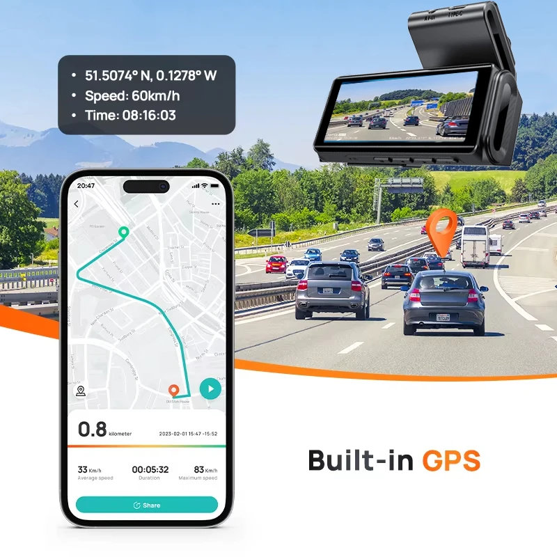 ANSVICAM 4K Dash Cam مسجل أمامي وخلفي مدمج GPS ADAS 2K كاميرا خلفية للرؤية الليلية 24H وضع ركن السيارة WiFi App التحكم