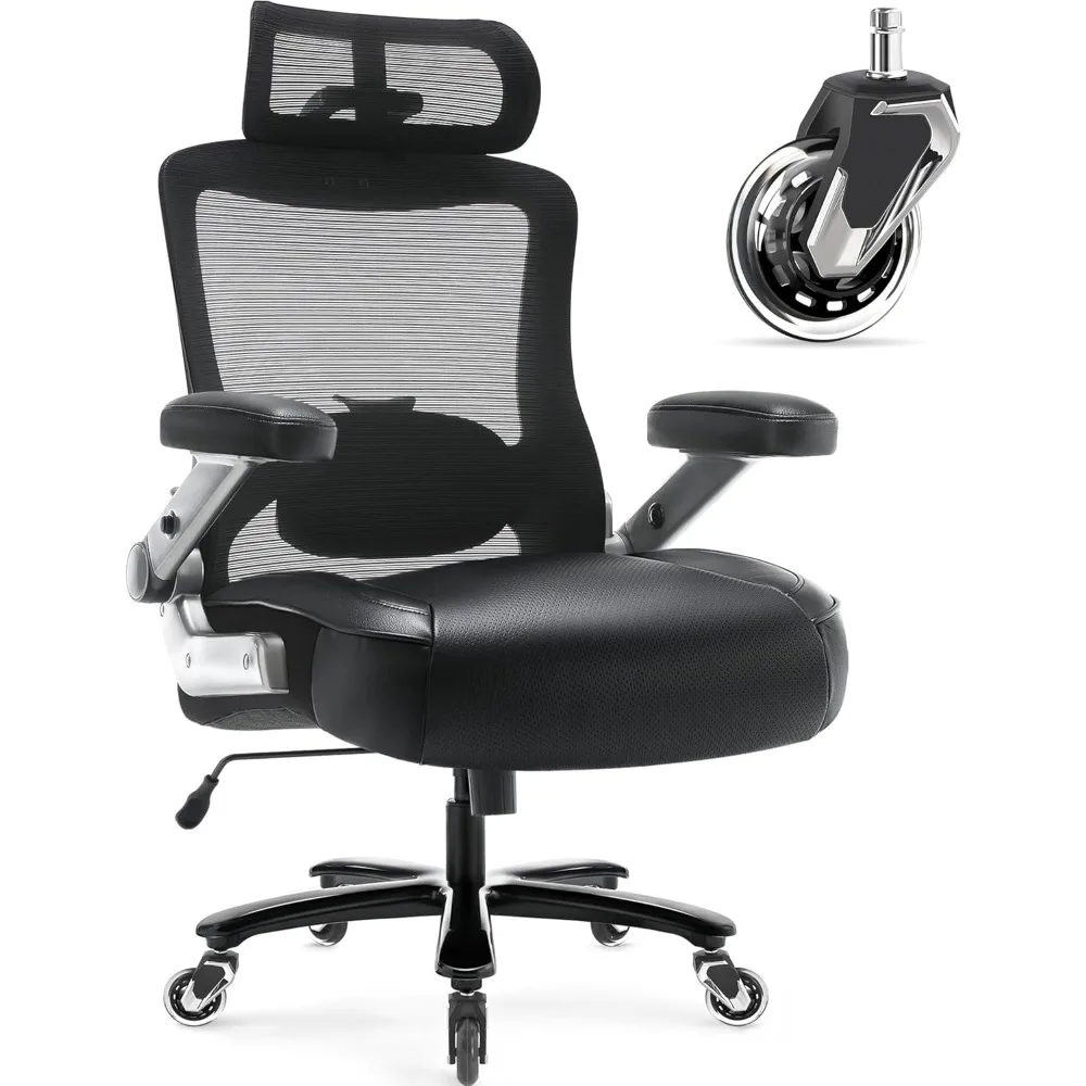

Big and Tall Office Chair 600lbs with 3D Flip Arms Adjustable Headrest - Heavy Duty Large Wheels Executive Computer Desk Chair