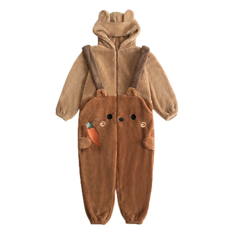 

Brown Carrot Bear Animal Jumpsuit Pajamas Adult Stylish Individual Endearing Autumn and Winter Warm Caroset Women's Loungewear