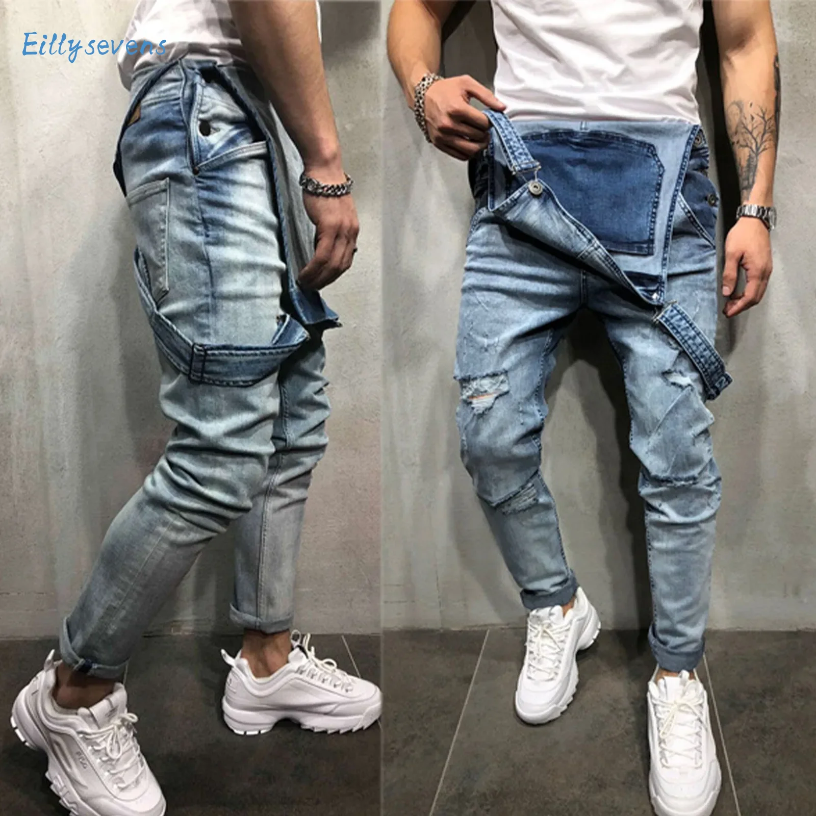 

Mężczyźni Stylowy Biker Denim Kombinezon na szelkach Kombinezony Trend w modzie Dopasowana odzież uliczna Casual Ripped Jumpsuits Retro Strap Jeans