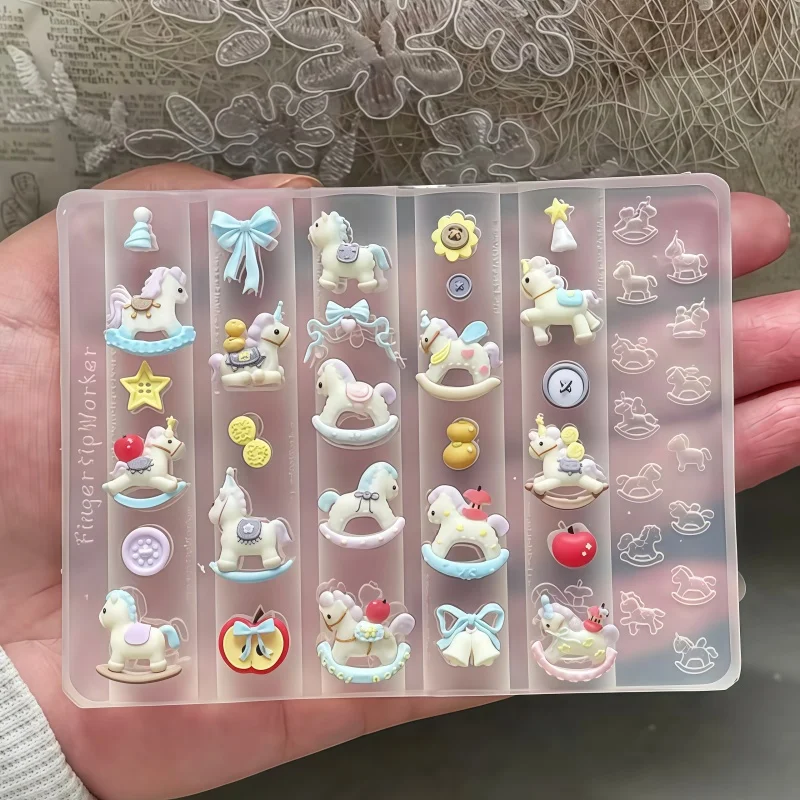 Transparent Silicone Nail Art Mold Cartoon Horse Butterfly Knot New Year Pony Button Unicorn Wings Retro Pattern Frame Accessory