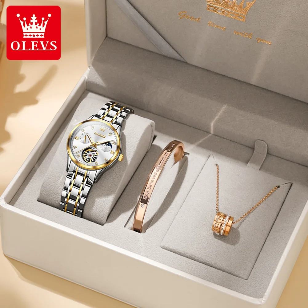 

OLEVS 6608, женские часы, модные скелетонизированные маховики, хронограф с фазой Луны, многофункциональные автоматические механические часы для женщин