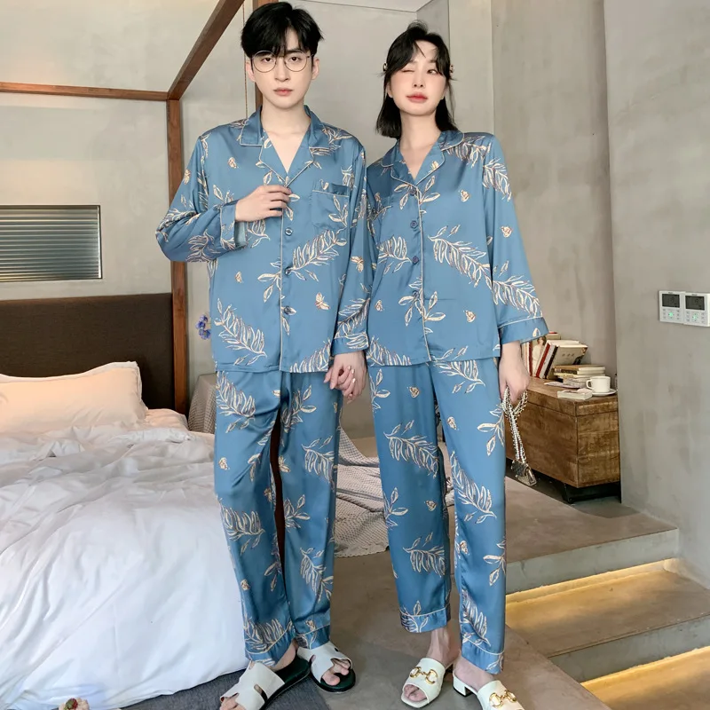 Women Pajama Set Silk Couple Pajamas Print Pyjamas Ice Silk Pijama pjs Sleepwear Long Sleeve Shirt Pants Homewear Loungewear