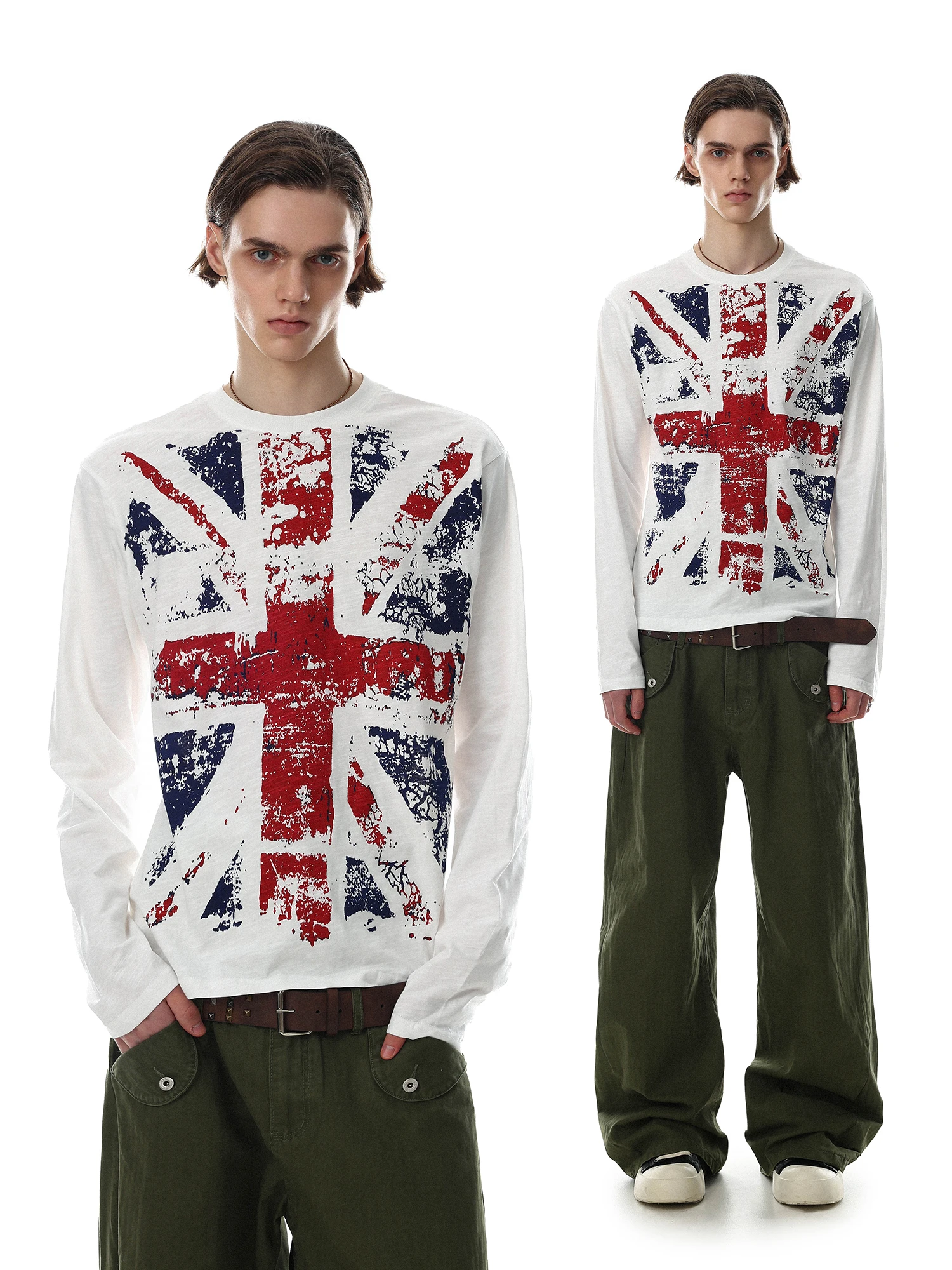 MRNEARLY American Retro Streetwear Long Sleeve T-Shirt Men's Union Jack Print Top Trendy Autumn Cotton round Neck Tee