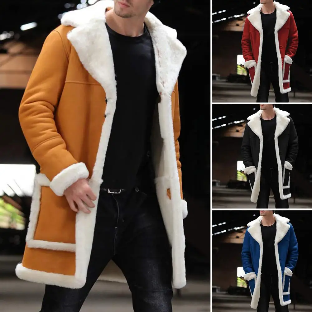 

Autumn Winter Men Mid-length Jacket Coat Large Lapel Long Sleeve Pockets Plush Lining Thickened Suede Outwear chaquetas hombre