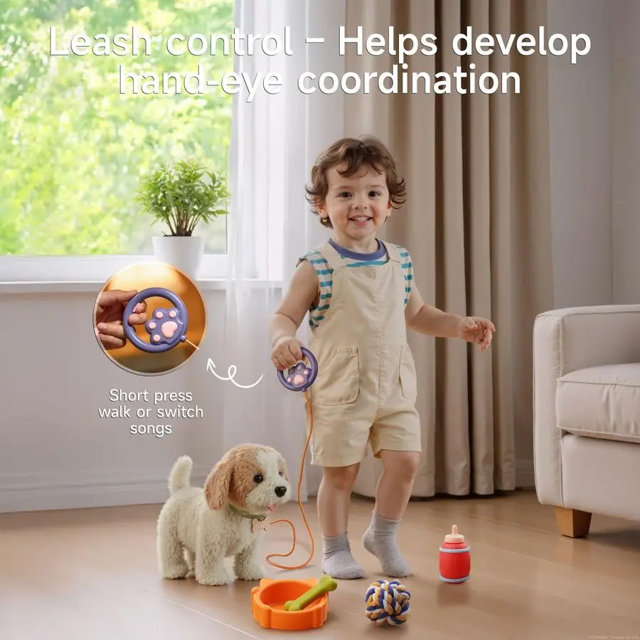 ของเล่นสุนัขเดินได้ ส่งเสียงเห่า พร้อมรีโมทคอนโทรล สายจูง ตุ๊กตาสุนัขขนนุ่ม ของเล่นอิเล็กทรอนิกส์แบบโต้ตอบสำหรับเด็ก กระดิกหางได้ แกล้งเล่นเป็นหมอ