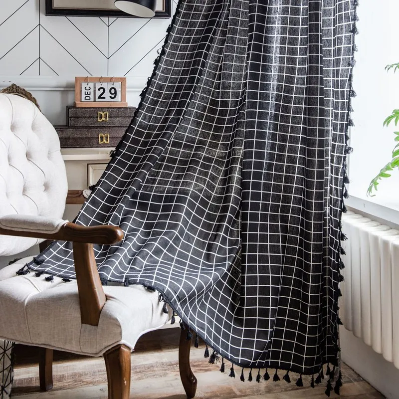 

Cotton Linen American Style Plaid Curtain Thick with Tassels Curtains Home Life Drape Kitchen Valance for The Luxury Living Room