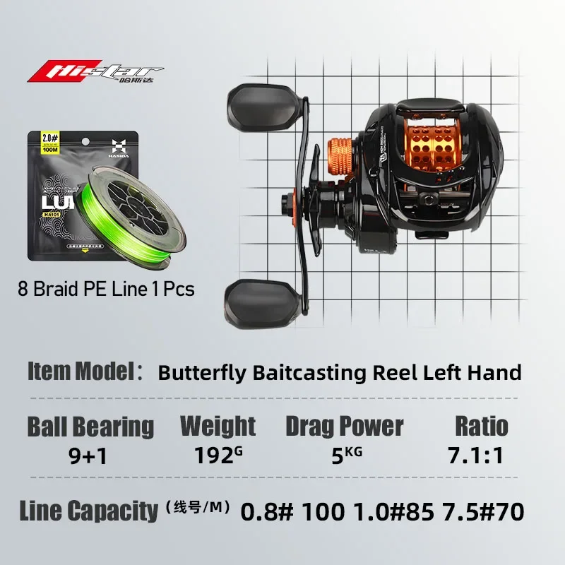 HISTAR Butterfly BFS 7.1:1High Ratio 9+1 BBs 192g Light Weight 5kg Drag Power Magnetic Braking System Baitcasting Fishing Reel