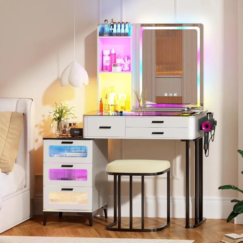 

RGB Makeup Vanity Desk with Mirror and Lights, 7 Dynamic and 7 Static Dimmable Make up Vanity Table with Charging Station,