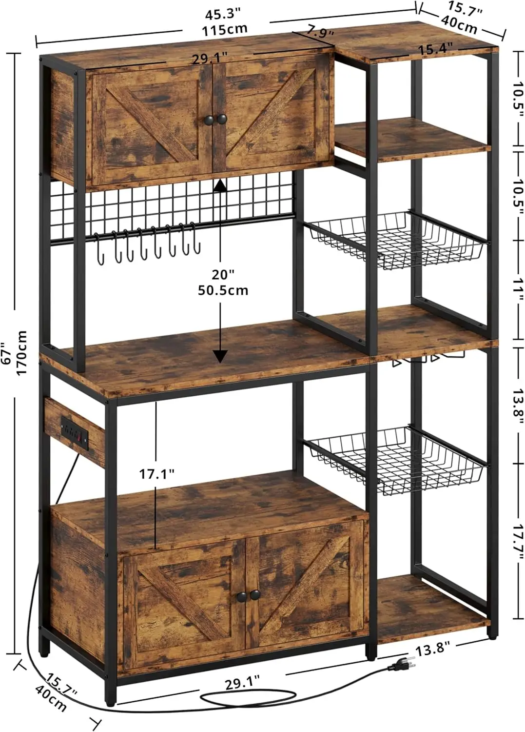 Bakers Rack with 2 Storage Cabinets and Power Outlet, 45.3 Inch Industrial Coffee Bar Cabinet Shelves, Kitchen Microwave