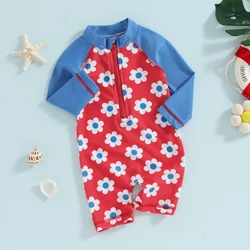 Baby Girl Swimsuits Summer Floral Print Long Sleeves Zipper Jumpsuit Beachwear for Toddler Bathing Suits