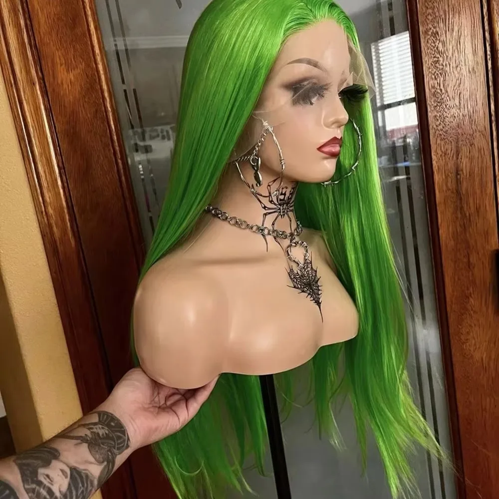 Green 13x4 Hd Synthetic Lace Front Wigs Bone Straight Glueless Colored Wear To Go Preplucked Invisible Hairline For Women Wigs