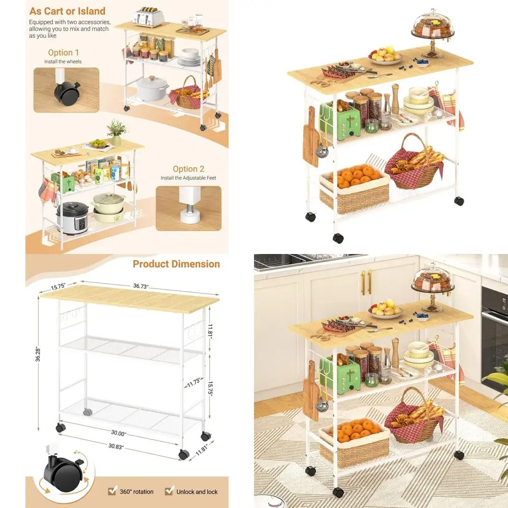 

3-Shelf Kitchen Island, 6-Hook Rolling Cart with Protective Shelf, Lockable Wheel Microwave Stand, Metal Frame White Baker's Rac