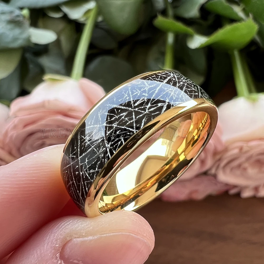 Tungsten Carbide Engagement Rings For Men Women Wedding Band Gold Plated Domed Black Meteorite Inlay High Polished Shiny