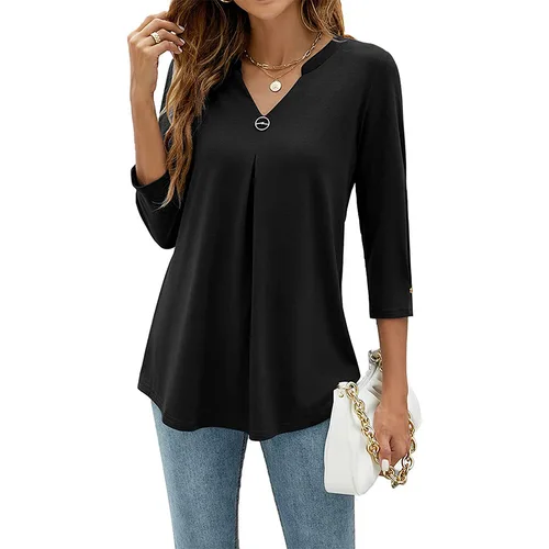 Imagen 2 del producto Camiseta con cuello en V para mujer, Blusa de manga 2024 con dobladillo plisado, ajustada, Color sólido, primavera y otoño, 3/4