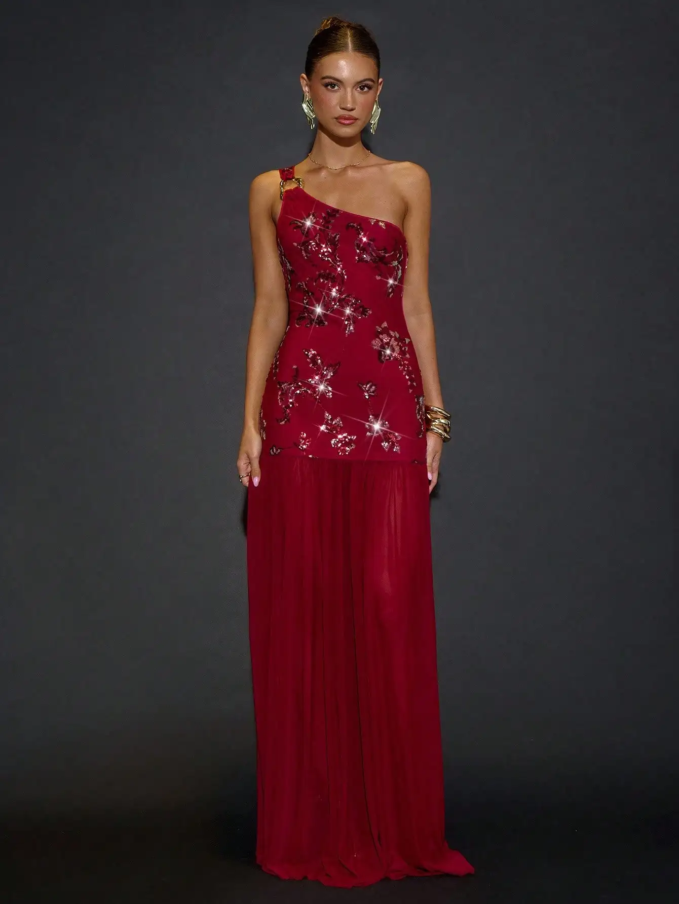 

Burgundy Asymmetrical One-Shoulder Maxi Dress with Sequin Floral Embroidery