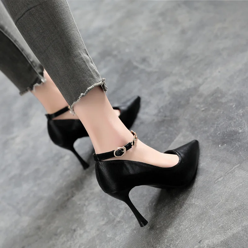 30-44 Pointed Stiletto Heels Small Size 31 32 33 Buckle Black Shoes Women Pumps Ladies Heels