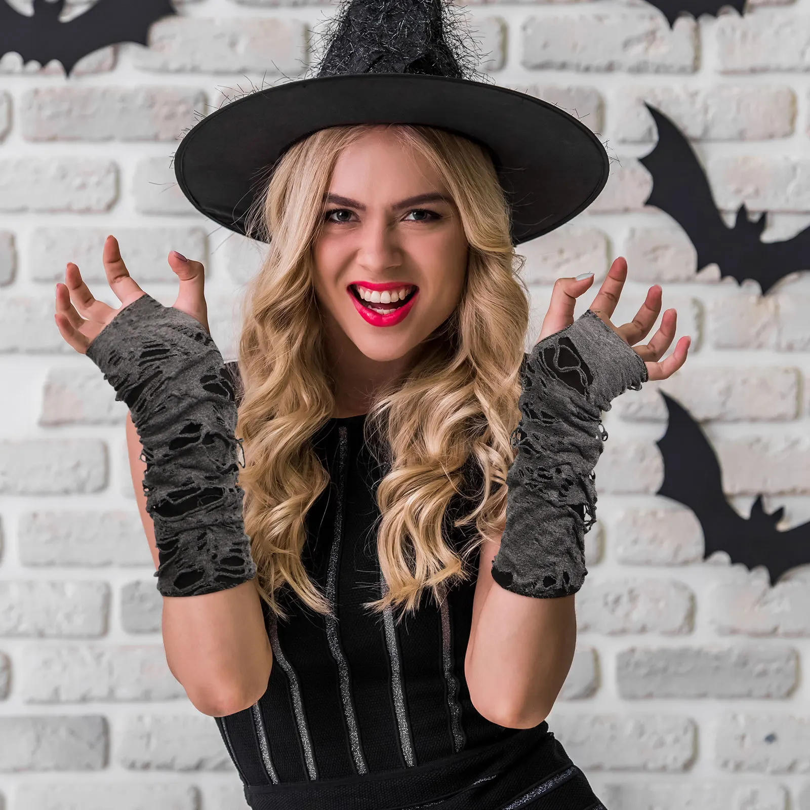 

Halloween Fingerless Gloves Supple Punk Accessories Black Grey Design Elastic Cotton Cosplay Costumes Party Glove Wear