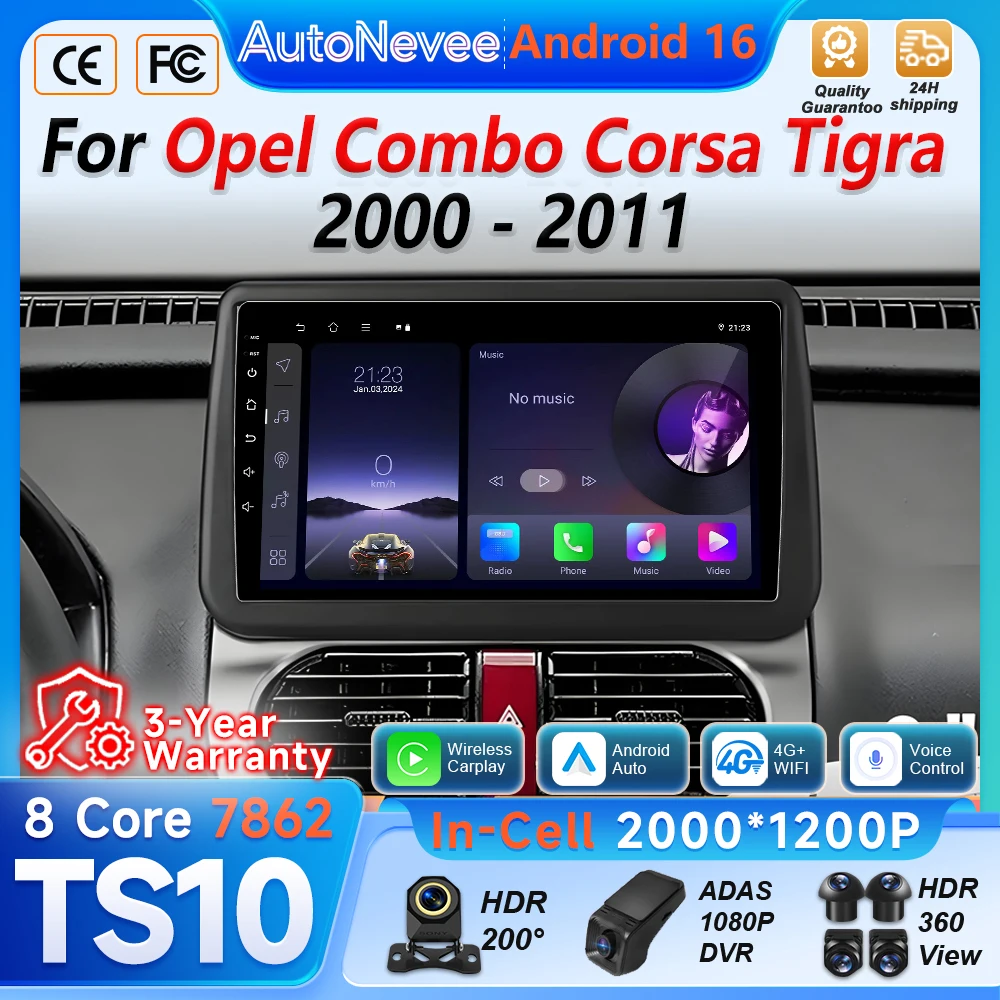 Radio de coche con Android Auto para Opel Combo Corsa Tigra 2000 2001 2002 2003 2004 - 2011 Reproductor multimedia 5G Wifi 2din GPS Navegación