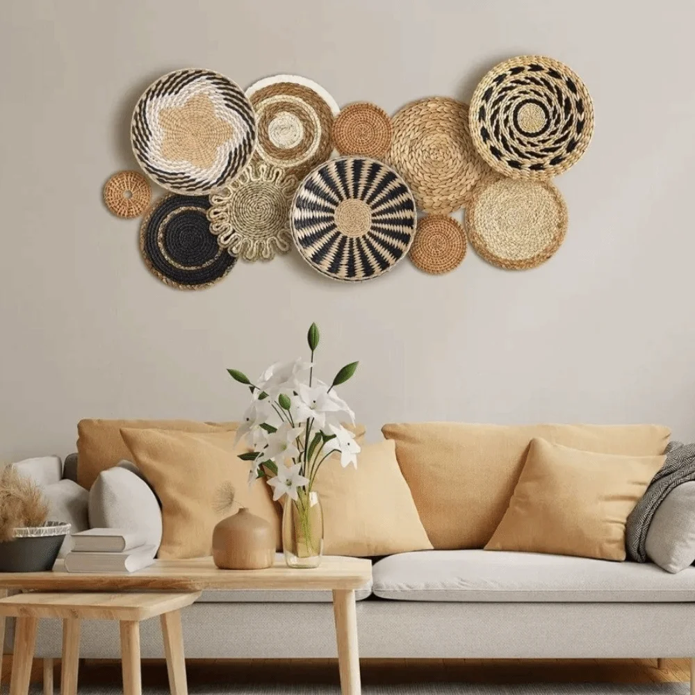 Boho Straw Woven Tray Wall Decor Macrame Round Basket Straw Wall Hangings Non Slip Heat Resistant Woven Coaster Placemat