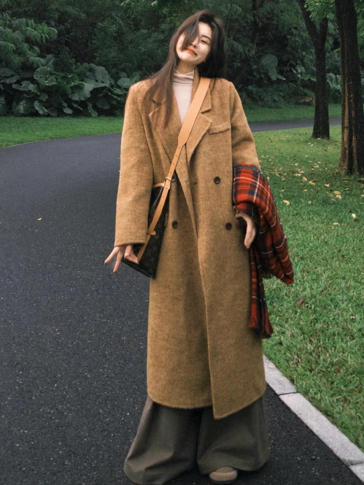 

Autumn Winter Brown Double-Faced Camere Coat Women's Mid-Length Woolen Outerwear Korean Sle Straight Cut Long Sve