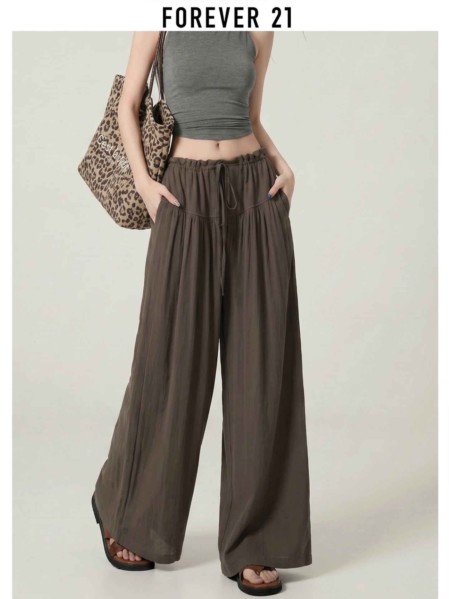 Calças Largas de Algodão e Linho Finas de Verão Forever 21 com Cordão, Calças Casuais para Mulheres, Cintura Natural, Outro Material 100%