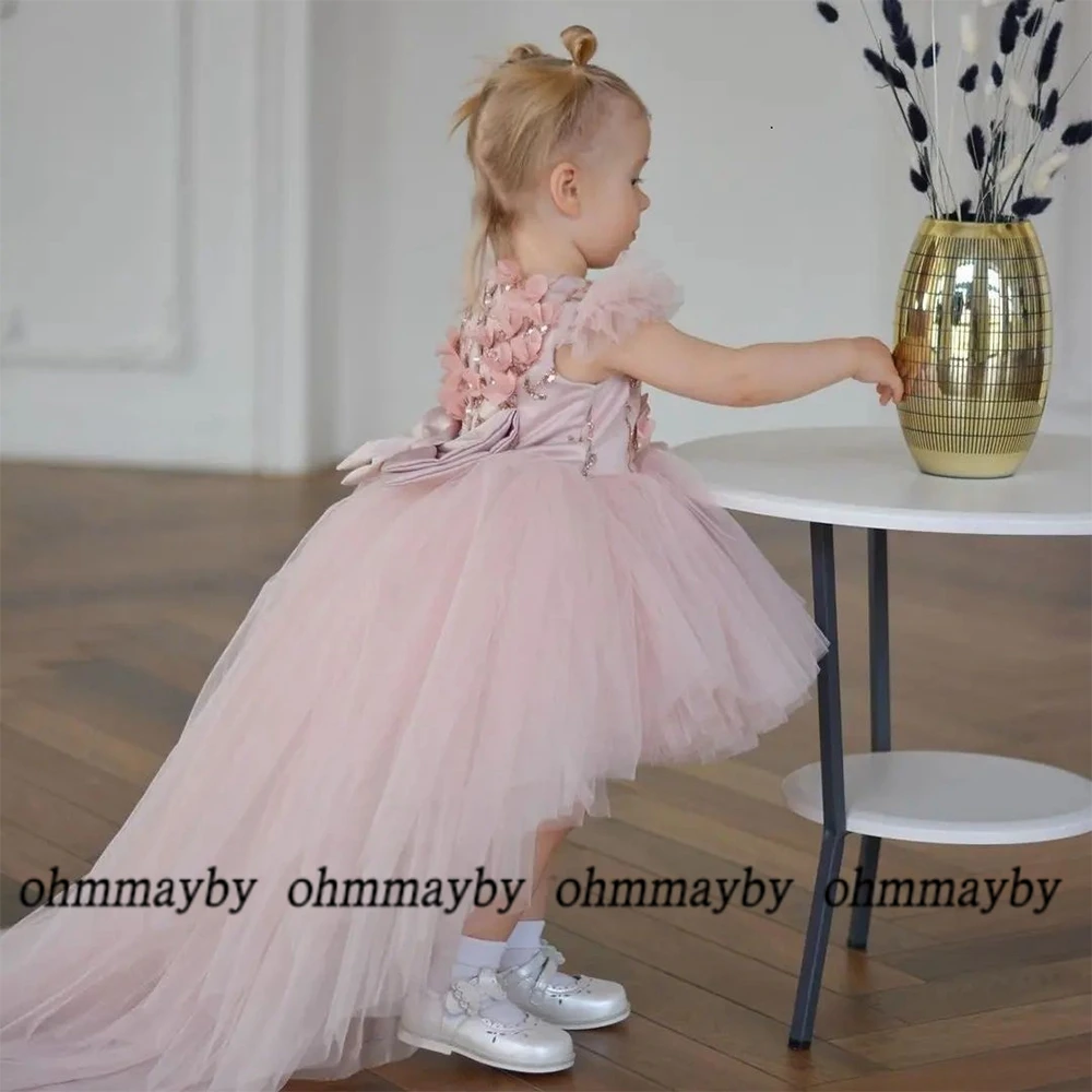 Baby Dress abiti da sera con paillettes rosa 2023 Flower Cap Sleeve A Line Fluffy Tulle Baby Birthday Dress nuovi abiti da festa estivi