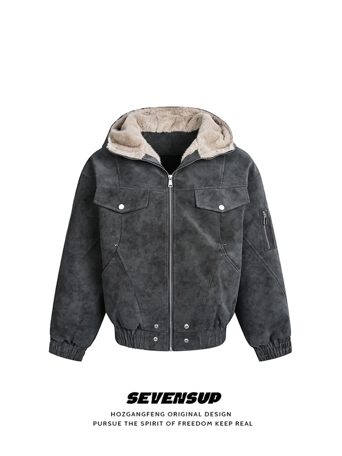 

SEVP American Sle ort PU Leather Cotton Jaet Dyed Zipper Closure Hooded Coat for Men And Women Warm Thi Long Sve