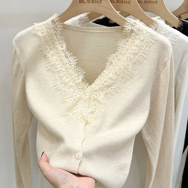 French Lace V-Neck Long Shirt Beige Slim Fit Base Layer Multi-Color Basic Top Elegant Versatile Layering Piece
