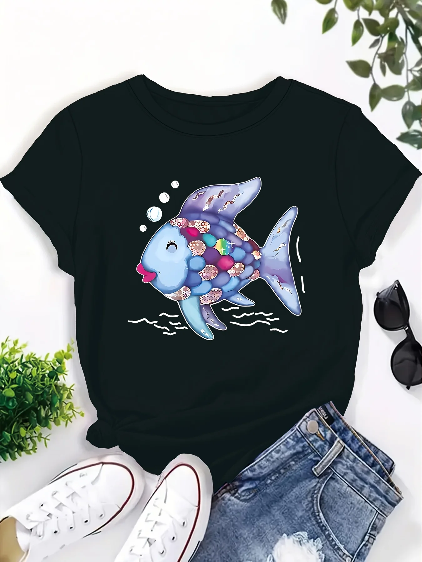 غريب الأطوار قوس قزح كتب الأسماك الرسم المرأة الضوء الأزرق طاقم الرقبة كل موسم عارضة قصيرة الأكمام المحملة يكون لطيف المعلم #1