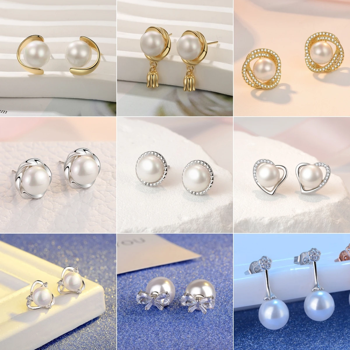 

925 sterling silver women's earrings, geometric heart pearl zircon short earrings, cute and elegant, suitable for commuting